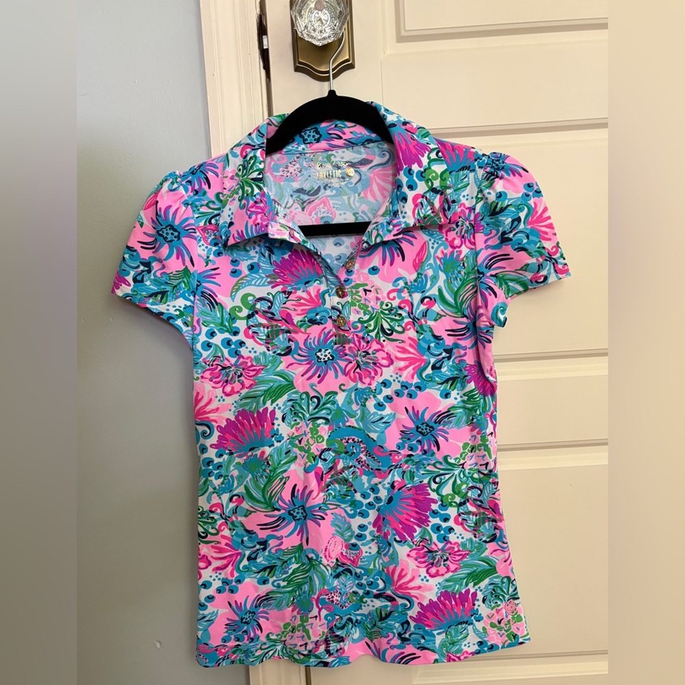 Lilly Pulitzer Luxletic Pink and Blue Floral Short Sleeve Shirt